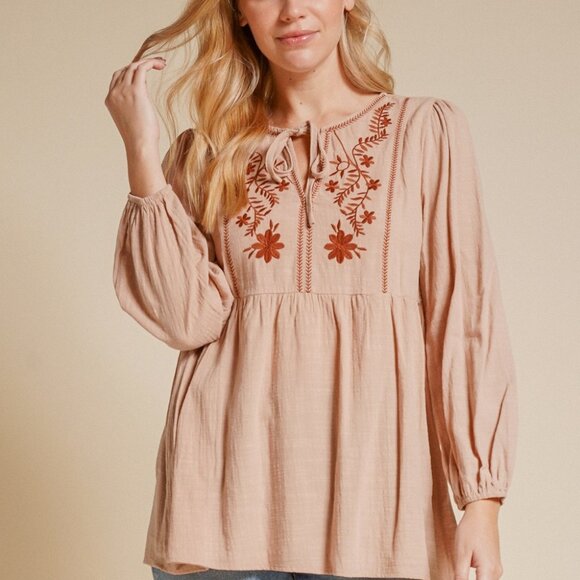 HEM & THREAD Tan Embroidered Peasant Blouse, Boho Floral Long Sleeve Top, Flowy - Picture 7 of 7